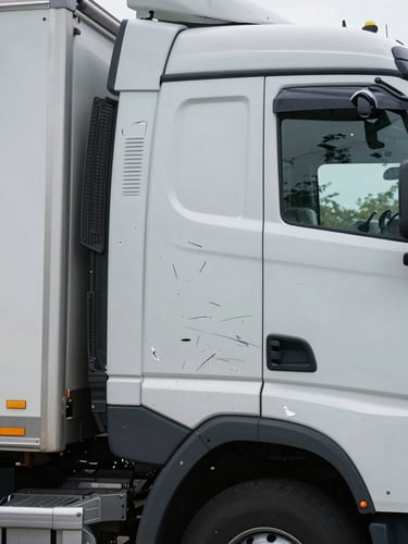 Close-up wide shot of a commercial truck door panel and cab exterior showing impact damage and scrape marks, natural overcast daylight, no people, documentary framing