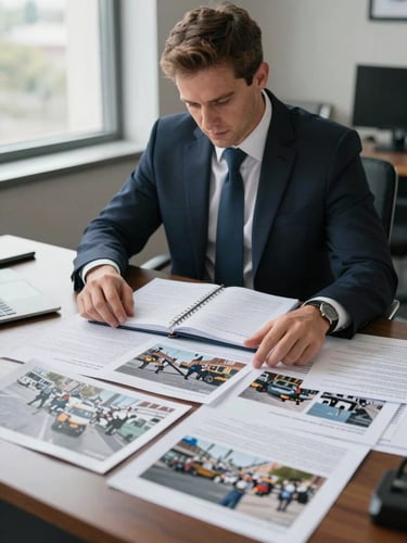 Medium shot of attorney Andy at a wide desk under natural window light, hands spread across printed accident case photographs and a legal notepad, reviewing evidence, no smiling, concentrated expression, overcast daylight from left