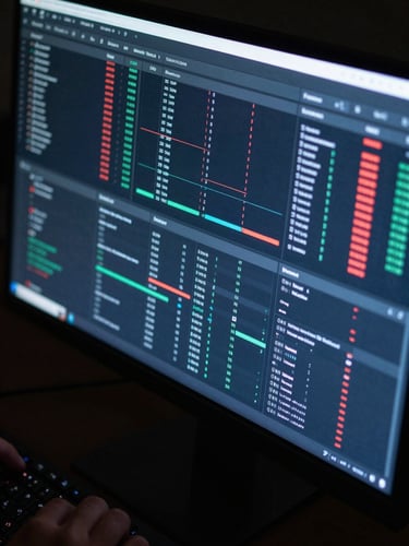 Extreme close-up overhead shot of an active software dashboard on a dark monitor, multiple data columns and metric panels lit in cool blue and red tones, hands barely visible at keyboard edge, high-contrast studio lighting, no text legible