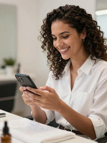 Medium shot of a smiling Brazilian female manicurist in a bright, modern salon, looking at her smartphone with relief, natural side lighting, high contrast, professional depth of field.
