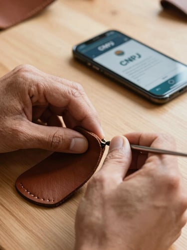 Close-up of hands of a Brazilian artisan crafting leather goods on a clean wooden table, with a smartphone in the background displaying an active CNPJ certificate, warm natural morning light.
