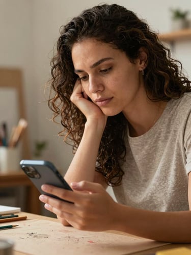 A focused Brazilian female artisan in her home studio looking relieved while looking at her smartphone screen, warm natural light, close-up