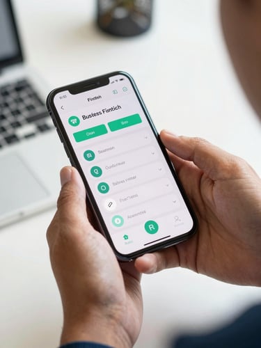 Close-up of a Brazilian microentrepreneur's hands holding a smartphone displaying a clean business application dashboard, bright natural daylight, modern workspace background, high-trust fintech aesthetic.