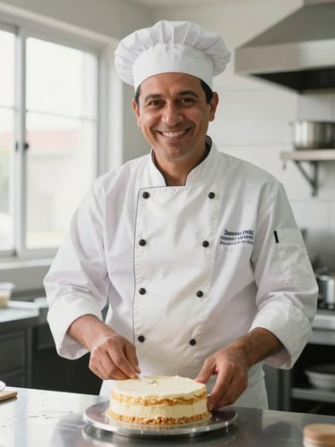 Medium environmental portrait of a Brazilian pastry chef in a bright, clean kitchen, smiling while preparing a cake, natural window lighting, high contrast.