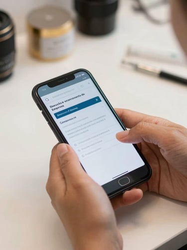 Foco em mãos de uma manicure brasileira organizada, segurando um celular que exibe um comprovante digital de encerramento de empresa, ambiente de trabalho limpo e bem iluminado ao fundo.