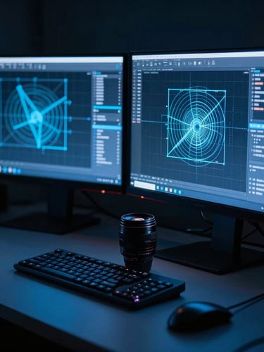 Moody dark-themed photography of a clean workstation, dual monitors displaying vector wireframes, electric blue neon accent lighting casting sharp shadows, 35mm lens.