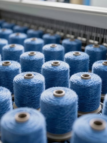 Macro close-up of blue yarn spindles on an automated weaving machine, cool clean daylight, sharp focus