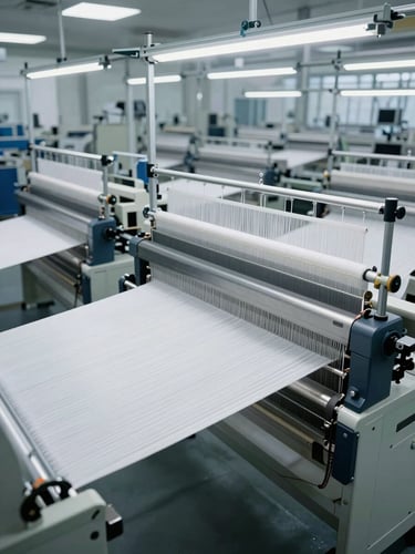 Industrial photography of a modern high-tech textile weaving factory floor with automated looms spinning white yarn under cool daylight, sharp focus, 35mm