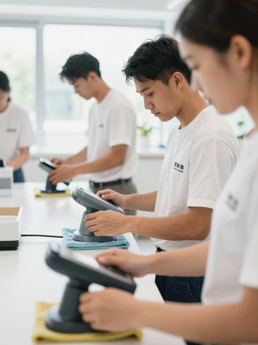 Close-up of professional Thai cleaning staff during a training session, focused on learning new techniques with modern equipment, bright indoor lighting, crisp cool tones, sharp focus.