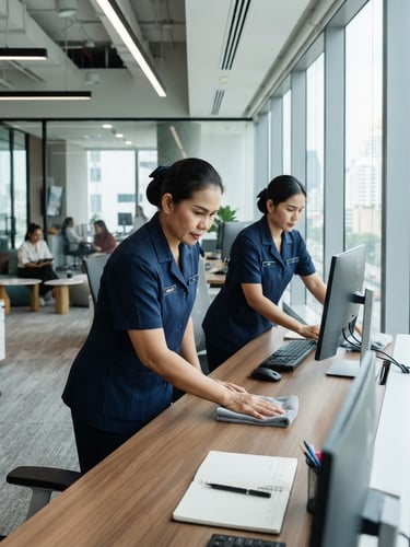 Professional Thai cleaning staff in modern office, wearing crisp uniforms, performing detailed cleaning with focus, bright natural daylight, crisp cool tones, sharp focus, professional architectural framing, image bleeding to the right edge.