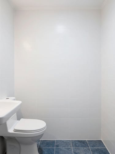 Clean wide shot of a newly renovated modern bathroom, white tiles, elegant copper pipe details, bright daylight, tidy and pristine environment