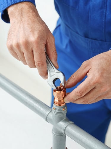Medium close-up of a professional plumber's hands precisely tightening a copper pipe fitting with a wrench, bright natural light, clean blue tones, shallow depth of field
