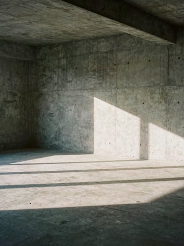 Wide panoramic shot of an empty concrete studio space flooded with harsh morning light, deep shadows, raw plaster textures.