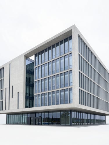 Wide architectural angle of a modern minimalist concrete and glass corporate headquarters, bright overcast daylight, cool blue ambient light accents, sharp focus