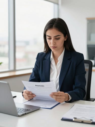 A professional legal advisor in a modern office in Asunción, reviewing official residency documents under bright natural window light, sharp focus, editorial style