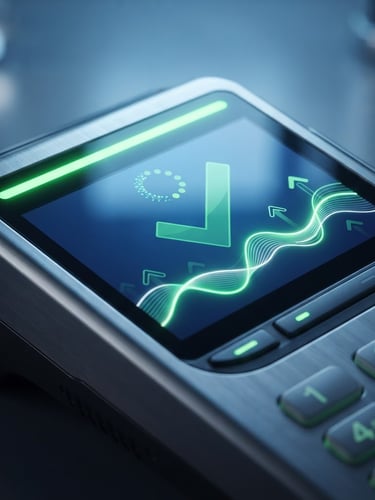 Sleek technical close-up of a modern physical card terminal displaying a successful local transaction screen, cool blue ambient light, neon green connection status line on screen, high-contrast studio lighting