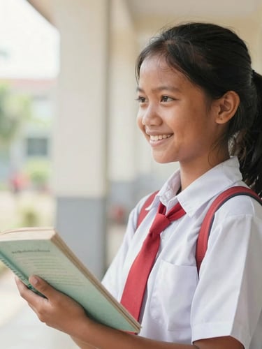Warm editorial photography of a smiling Indonesian schoolgirl in a red and white elementary uniform holding a book, bright natural morning daylight, soft hopeful tones, shallow depth of field, 35mm