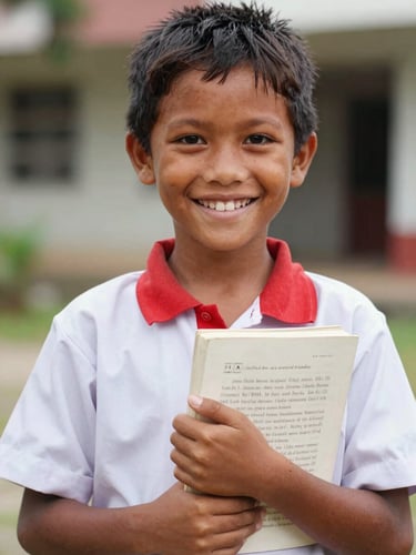 A close-up of a smiling Indonesian child in a clean white-and-red school uniform, holding a textbook with both hands, bright warm natural daylight, shallow depth of field, 35mm editorial style.