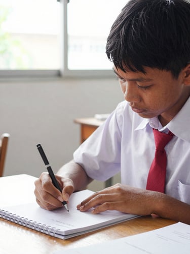 A close-up of a young Indonesian student in a clean red and white school uniform writing neatly in a notebook, bright natural daylight from a classroom window, soft hopeful tones