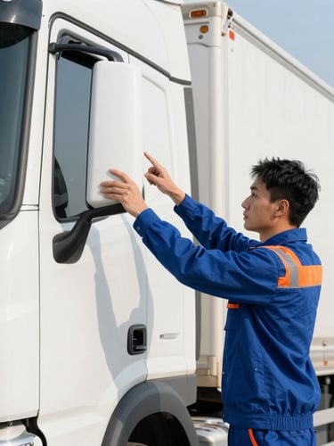 Professional truck driver in clean uniform inspecting a modern white truck side mirror, bright morning daylight, safety orange accents, 35mm photography
