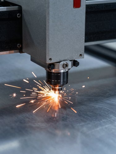 Macro shot of a high-precision laser cutter head calibrated over a stainless steel sheet, throwing brilliant orange sparks, cool silver-gray tones, dramatic high-contrast industrial lighting, 35mm lens
