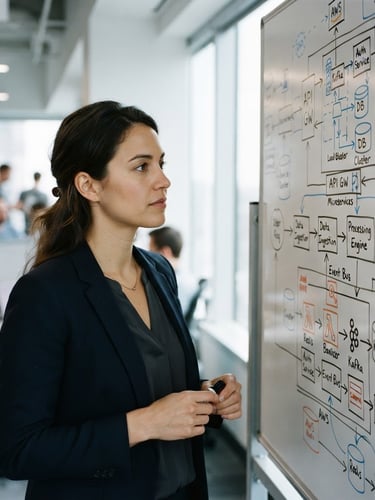 Close-up of a professional woman in a modern office looking at a whiteboard with technical flowcharts, natural side lighting, shallow depth of field, 35mm lens