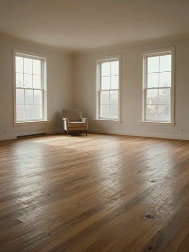 Wide environmental shot of an empty living room interior, bare wooden floors, a single upholstered chair remaining near the far wall, diffuse daylight through tall windows, the bones of a home revealed