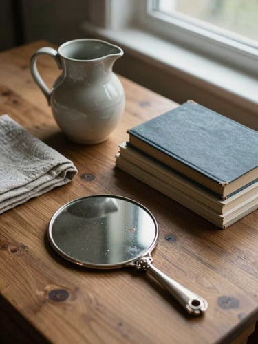 Close overhead study of grouped estate objects on a wooden tabletop—a ceramic pitcher, a stack of cloth-bound books, a silver hand mirror with visible patina, and a folded textile—under diffuse north-facing window light, quiet documentary mood