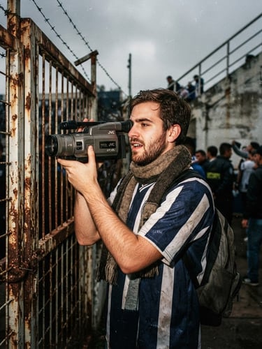 Candid low-angle 35mm film photo with heavy grain and harsh direct flash of a fan holding a vintage video camera near a rusted stadium gate, overcast afternoon light