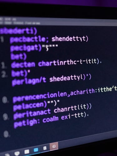 Macro close-up of custom shader code glowing on a mechanical monitor, electric purple syntax highlighting, dark background, anamorphic lens.