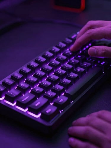 Close-up of developer hands on a mechanical keyboard, neon electric purple backlighting, dark moody studio environment, anamorphic lens