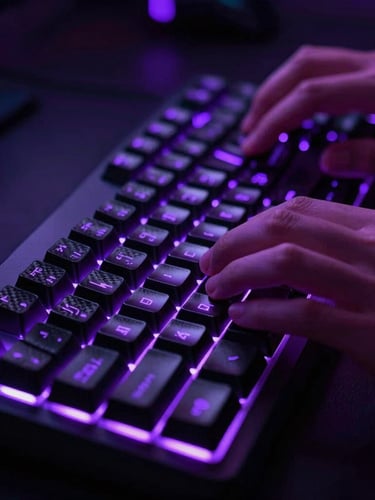 Cinematic close-up of a player's hands on a glowing mechanical keyboard, moody backlighting, intense electric purple neon reflections on carbon black keys, ultra-sharp 8k resolution