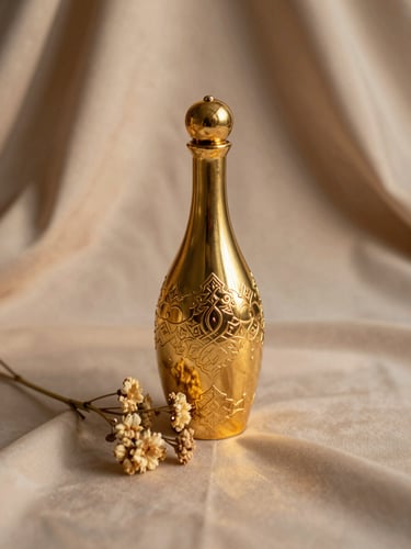Close-up of a burnished gold Arabic perfume bottle standing on draped nude beige satin, a cluster of small dried flowers resting at its base, soft golden-hour side light catching the engraved surface, shallow depth of field