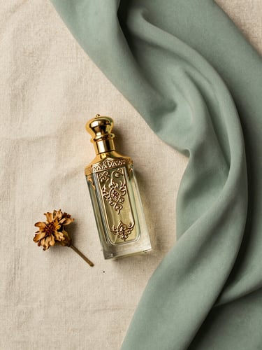 Overhead flat-lay on a warm cream linen surface: an ornate Arabic perfume bottle with a burnished gold stopper placed to the left, soft sage-green fabric draped loosely to the right, a single dried flower resting beside the bottle, north-facing window light raking gently across the textures