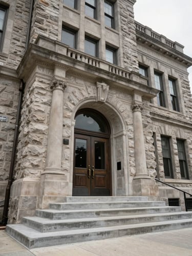 Wide objective street-level angle of a stone county courthouse facade under harsh overcast daylight, concrete steps leading to heavy double doors, raw unpolished architectural detail.