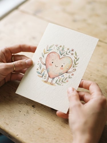 Close-up overhead shot of hands gently holding a Herbie Heart greeting card on a light wooden table, soft morning window light, shallow depth of field focusing on the card texture, muted pastel tones, 35mm.