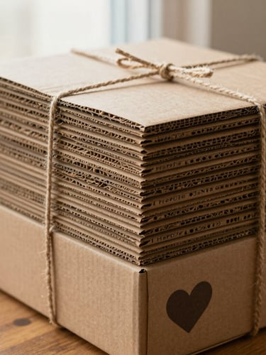 Close-up of a stack of flat, brown recycled cardboard shipping boxes with Herbie Hearts branding, tied with natural twine, on a wooden table, soft morning light, warm editorial photography.