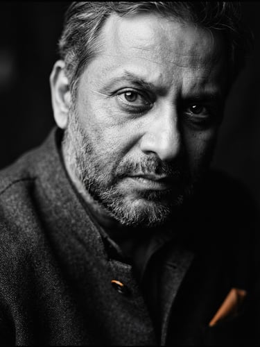 High-contrast close-up portrait of Pankaj Saxena in dramatic studio lighting, deep shadows, monochrome with subtle orange accent, 35mm