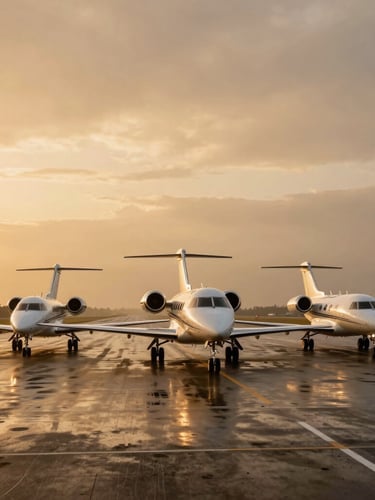 Cinematic wide-angle shot of three private jets taxiing in a perfect line at golden hour, rain-slicked taxiway, dramatic low-key lighting, 35mm lens.