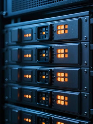 Macro close-up of secure server rack hardware in a dark data center, cool blue ambient light with sharp orange status indicators
