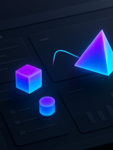 Close-up macro shot of dark-mode software interface mockups with glowing vibrant neon purple and cyan 3D geometric forms floating above a clean dashboard.