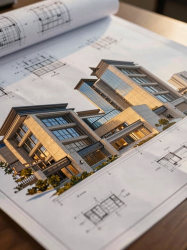 Low-angle heroic perspective of a modern architectural blueprint overlaid on a clean desk, with a subtle golden hour light, sharp focus, showing detailed structural plans.