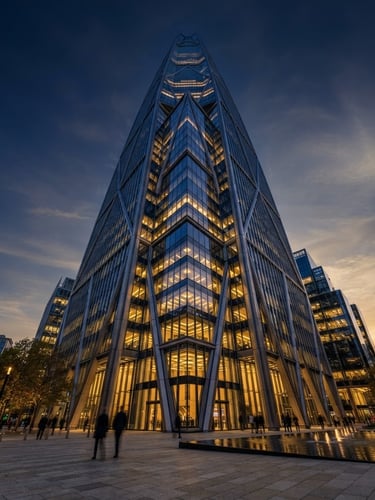 Wide-angle architectural shot of a modern, sleek skyscraper at golden hour, sharp geometric lines, low-angle heroic perspective, deep navy and warm gold tones, sharp focus, wide-angle lens, structural details visible.
