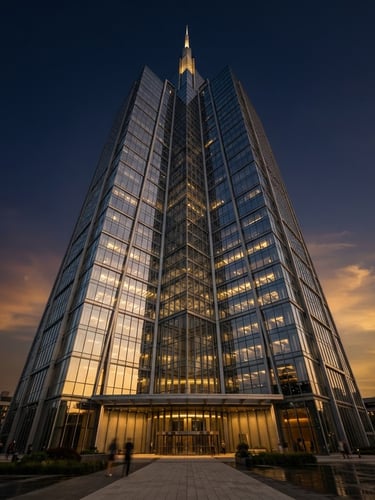 Wide-angle, low-angle shot of a modern, glass-clad skyscraper at golden hour, sharp geometric symmetry, deep navy and warm gold tones, with a slight upward tilt, showcasing its premium materials and structural integrity.