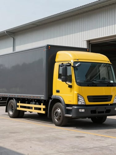Crisp industrial photography of a modern delivery truck parked in an organized warehouse bay, bright natural daylight, high-contrast charcoal and yellow tones, wide-angle shot, 35mm