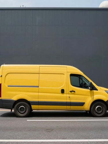 Side view of a modern yellow delivery van driving on an urban highway during bright daylight, crisp industrial photography, 35mm