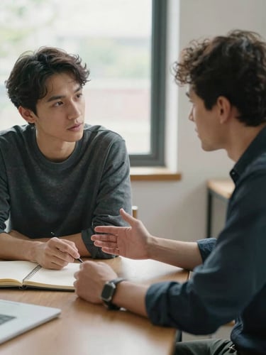 Close portrait-orientation frame of two people seated at a table in quiet conversation, one person gesturing toward an open notebook between them, soft diffused daylight from a nearby window, calm workspace environment, genuine focused attention — no eye contact with camera