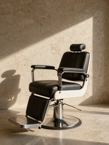 Sharp editorial photography of a minimalist modern barber chair, dramatic side shadows, warm travertine wall background, 35mm