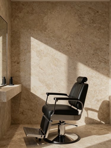 Minimalist interior of UP DUE barber shop, warm travertine stone walls, a single clean modern black barber chair, sharp geometric side shadows, 35mm editorial photography