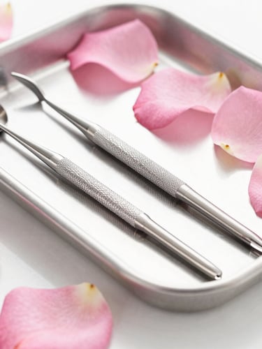 Bright clean beauty salon workstation, macro focus on sterilized steel manicure tools on a silver tray, soft pink rose petals, high-key lighting